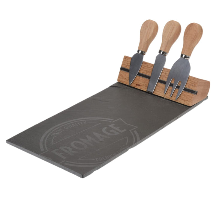 MIJOMA 4-TLG Set Holz-Käsebrett mit Käsemesser und Käsegabel, Käseplatte Käsebrettchen, 26 x 37 cm