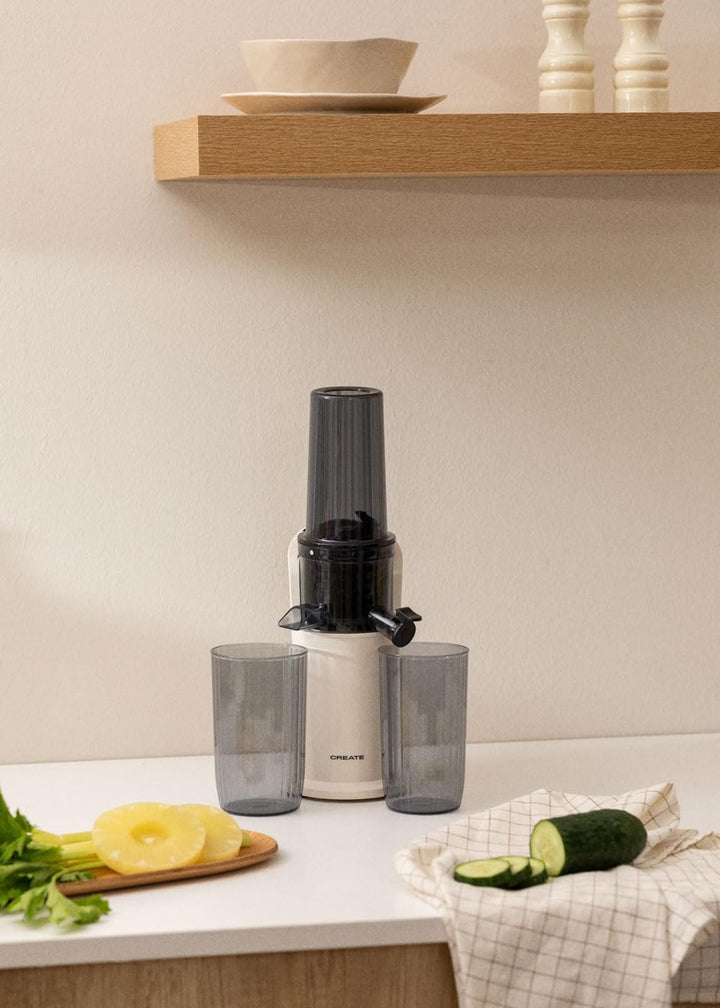 CREATE/JUICER SLOW MINI/Mixer in Creme/Extraktionssystem, Anti-Tropfsystem, Rückwärtsrotation, kompa