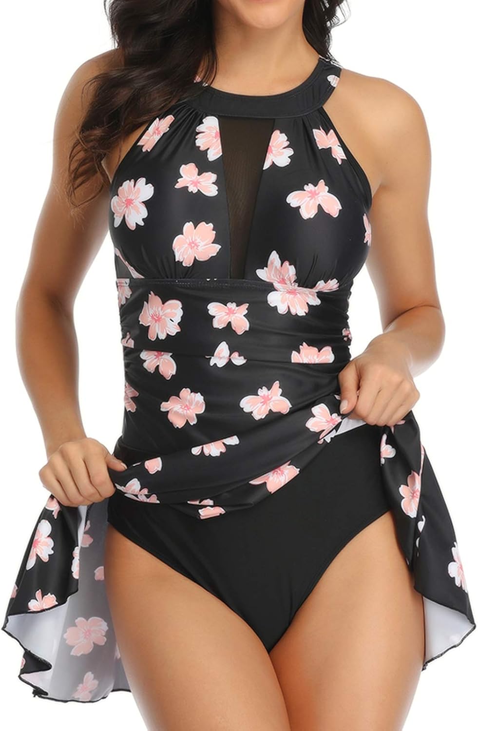 FLYILY Damen-Badeanzug mit hoher Taille Badeanzug mit Shorts Retro-Beachwear Neckholde Bademode Blac