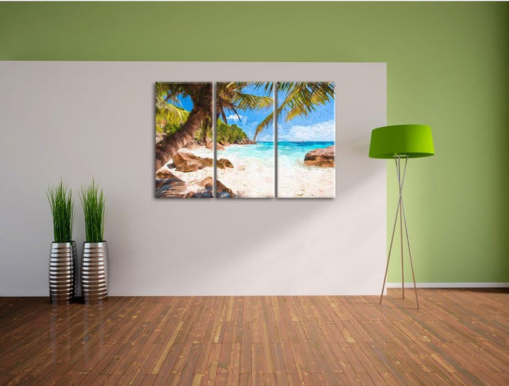 Pixxprint Palmenstrand Seychellen Kunst / 3-Teilig/Gesamtmass 120cm Leinwandbild bespannt auf Holzra