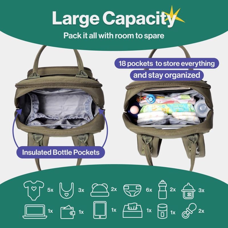 BabbleRoo Baby Wickeltasche/Rucksack, Wickelrucksack lässige Wickeltaschen Armeegrün