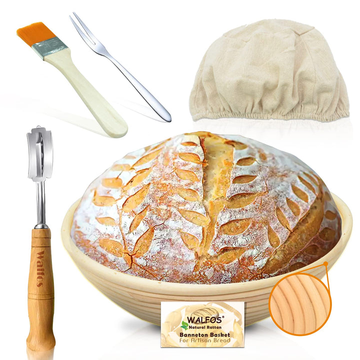 Gärkörbchen - Walfos® Rundes gärkorb zum brotbacken-Set, 100% natürlichem Rattan, inklusive Bäckerme
