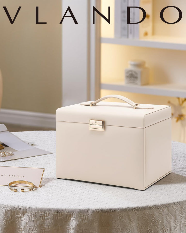 Vlando Schmuckkasten Schmuckbox mit 4 Ebenen, Schmuckschatulle PU Leder, Schmuckbox mit Spiegel und