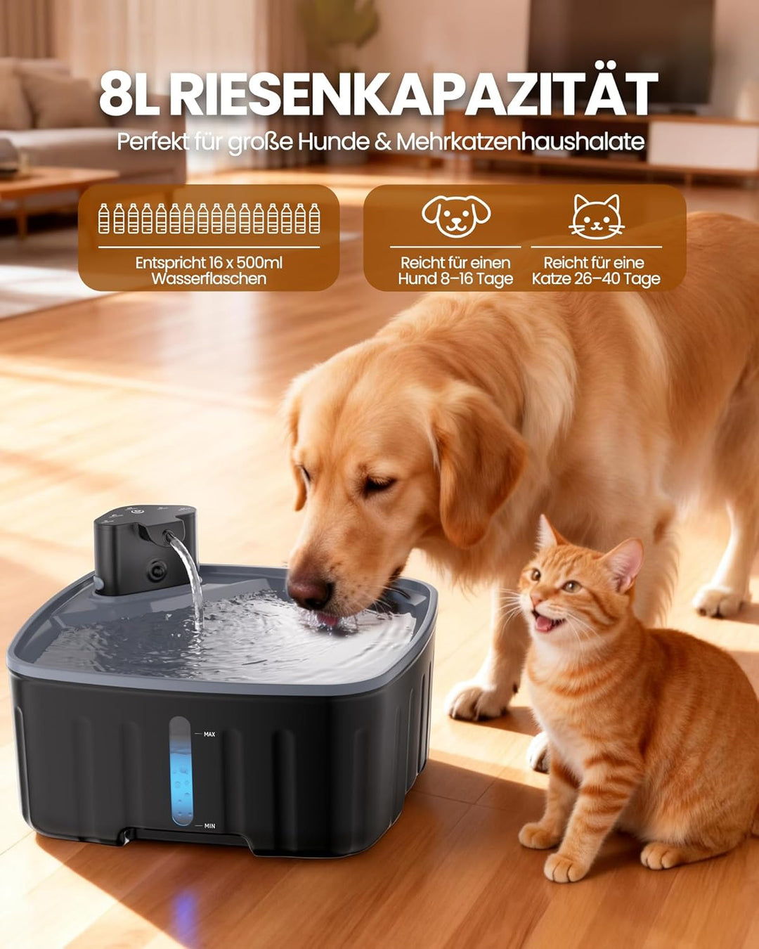 Kittyspout Trinkbrunnen für Hunde Kabellos, 8L/ 270 oz Grosse Hundebrunnen/Katzenbrunnen mit Bewegun