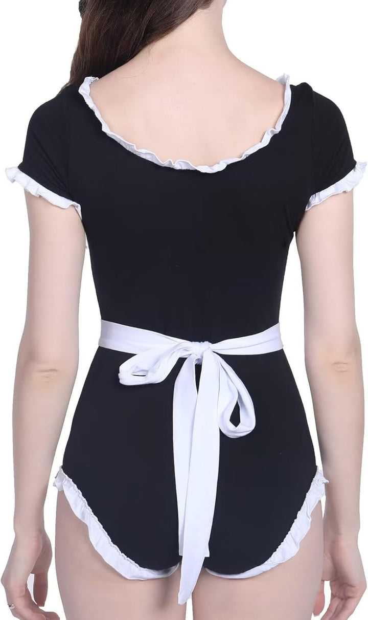 Landofgenie Damen Schwarz Langarm Baumwolle Bodysuit Onesie Pyjamas Maid Outfit Schwarz S, Schwarz S