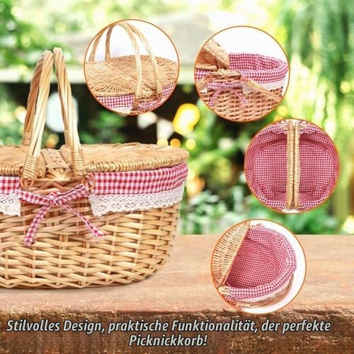 Picknickkorb aus Weidengeflecht Im Landhausstil,Roter Kariert Weidenkorb,26X18X15 cm,Ovaler Picknick