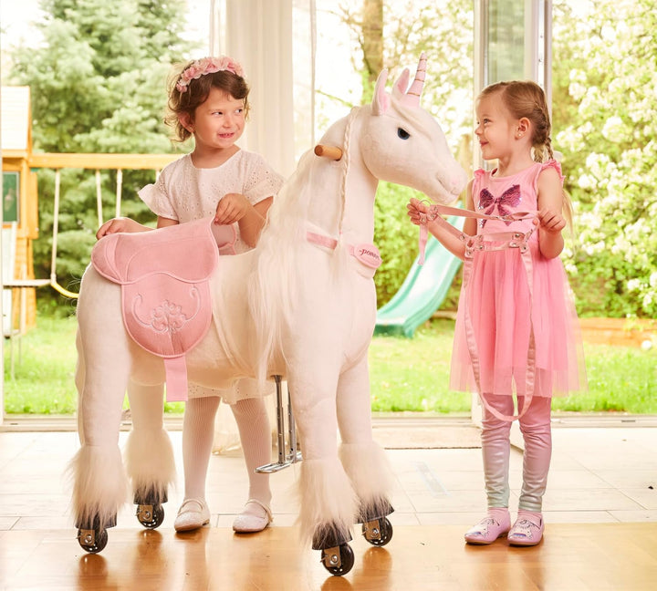 Ponnie Einhorn auf Rollen Merlin - Unicorn M mit rosa Sattel