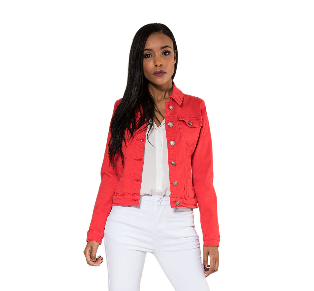Nina Carter J212 Damen Slim-Fit Jeansjacke – Farbige Übergangsjacke mit Kent-Kragen und Taschen – Fr