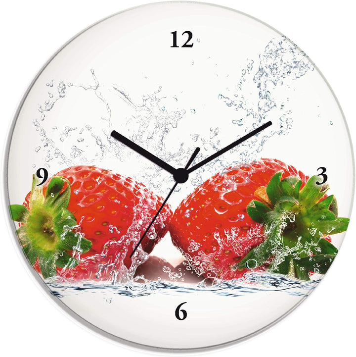 ARTLAND Wanduhr ohne Tickgeräusche Glas Quarzuhr Ø 30 cm Rund Lautlos Obst Früchte Erdbeere im Wasse