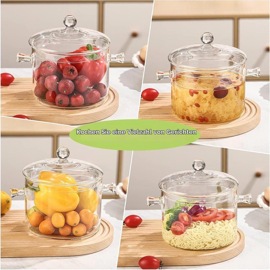 1400ml Glas Topf, Glastopf mit Deckel zum Kochen, Hochtemperaturbeständiger Transparenter Glaspfanne