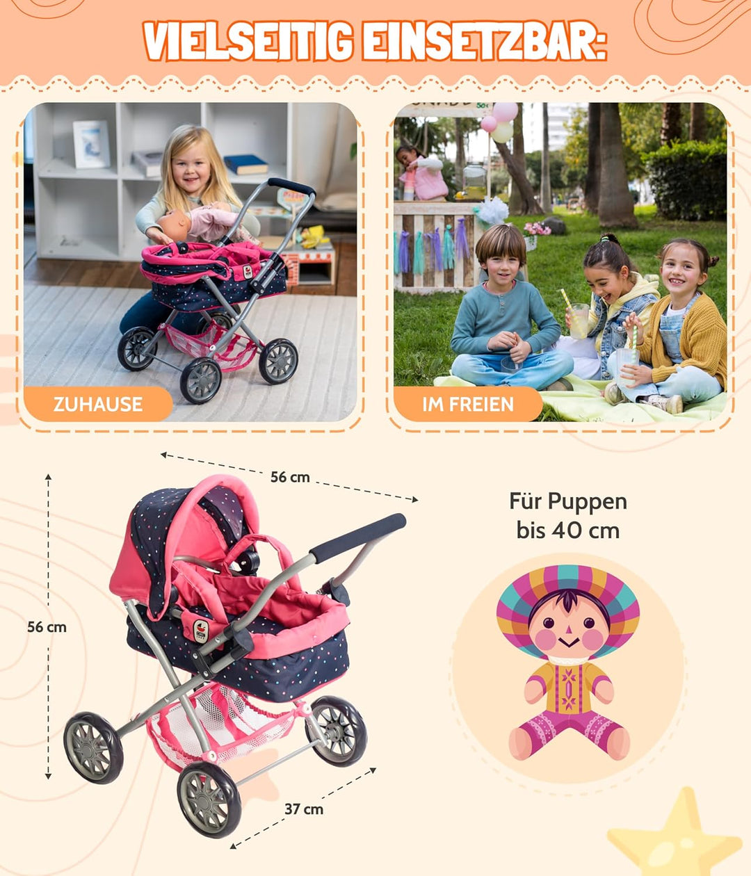 Bayer Chic 2000 - Puppenwagen Smarty, Kleiner Kinderpuppenwagen für Kinder ab 2 Jahren, Spielzeugkin