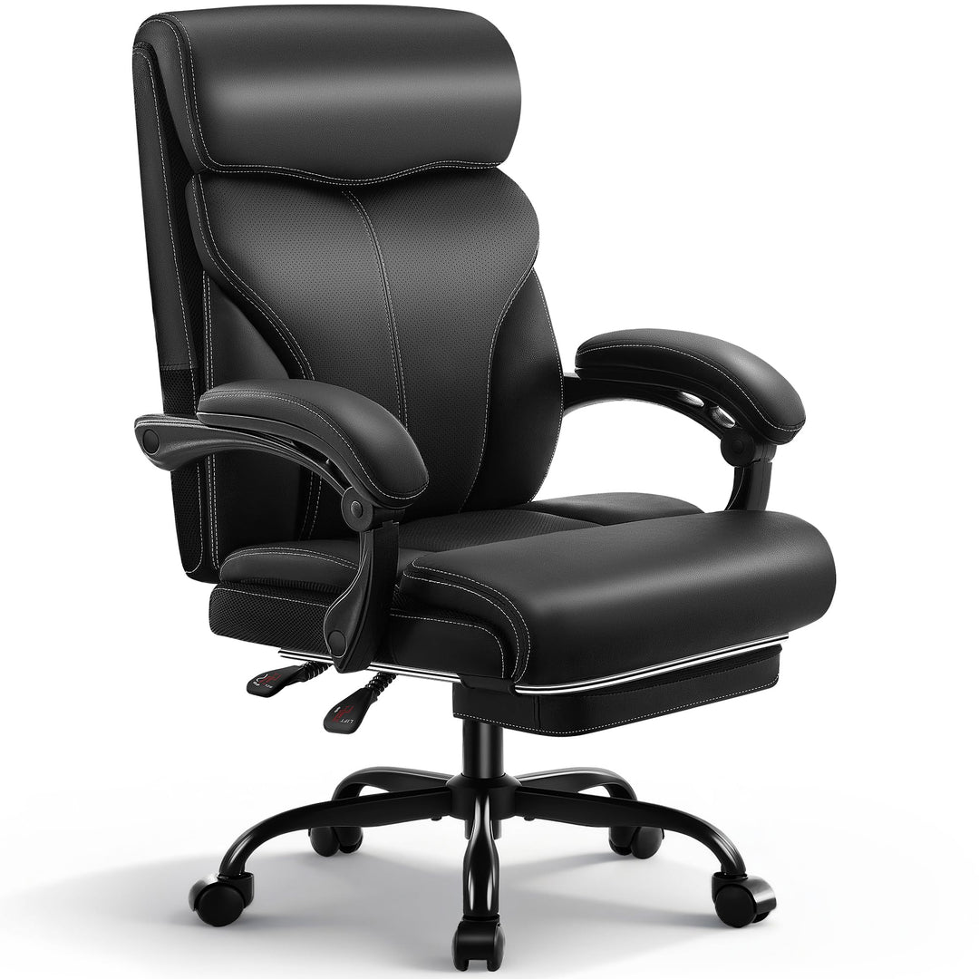 Chefsessel mit Fussstütze &amp; Liegefunktion, Ergonomischer Bürostuhl aus Kunstleder bis 200 kg, Verste