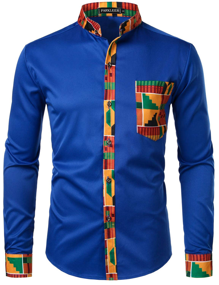 PARKLEES Herren African Tribal Grafik Patchwork Design Slim Fit Langarm Freizeithemd Party Shirt für