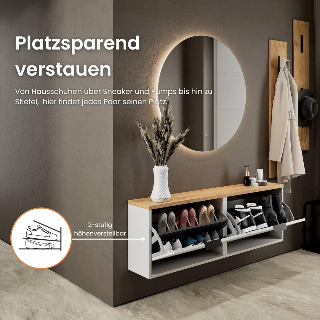 Planetmöbel 2 x Schuhschrank schmal mit 1 Klappe platzsparender Schuhregal mit 2 Ablagen, Schuhkommo