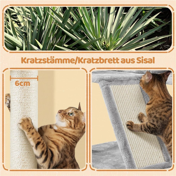 Yaheetech 145 cm Kratzbaum gross Katzenbaum mit Kratzbrett &amp; Korb hellgrau | FSC-zertifizierte Spanp