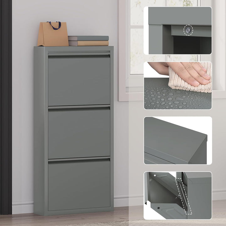 WOLTU Schuhschrank, mit 3 Klappen, Schuhregal, Schuhkipper, für 9 Paar Schuhe, aus Metall, für Flur