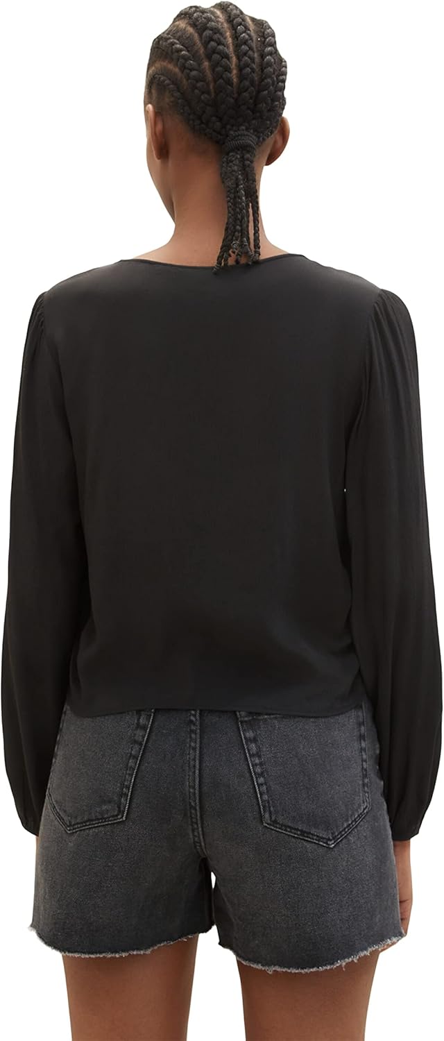 TOM TAILOR Denim Damen Cropped Bluse mit Raffdetail M 14482 - Deep Black, M 14482 - Deep Black