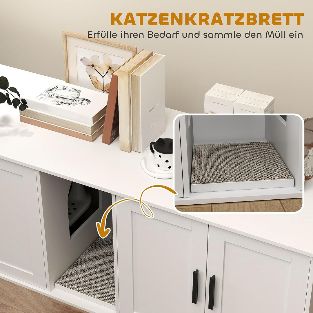 PawHut Katzenklo-Schrank 3 in 1 für Grosse Katzen 145 x 49 x 51 cm Weiss | Katzenschrank, Versteckte