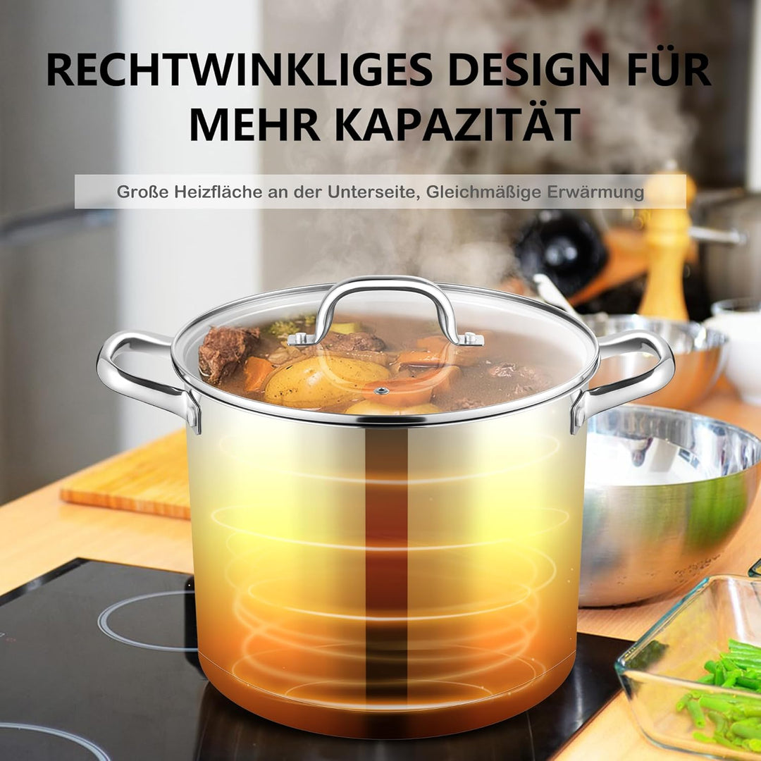 Joyfair Kochtopf, 11,4 Liter Edelstahl Gross Topf Induktion mit Glasdeckel, 3 Lagen Stabiler Boden S