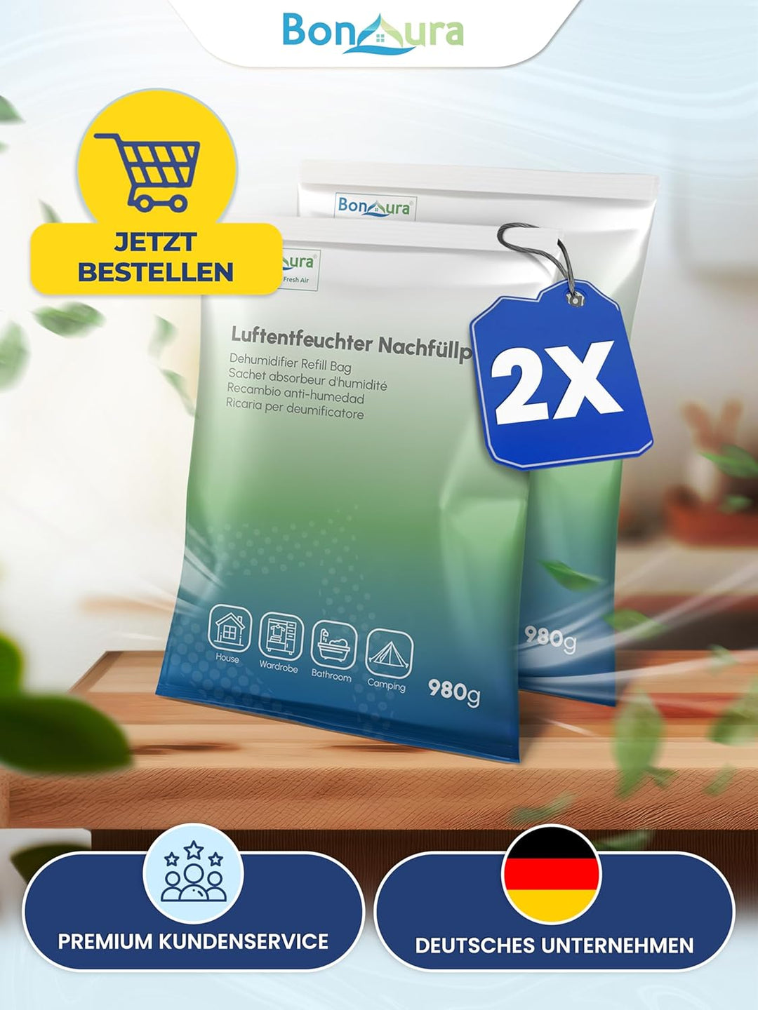 BonAura® AirOne Max Luftentfeuchter Nachfüllpack I 2er Set 980g Luftentfeuchter Granulat I Entfeucht