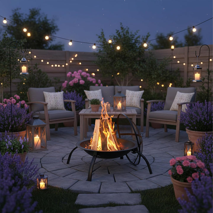 Relaxdays XL Feuerschale, Grill Rost, Schürhaken, Funkenschutz Deckel, Garten, Terrasse, Feuerstelle