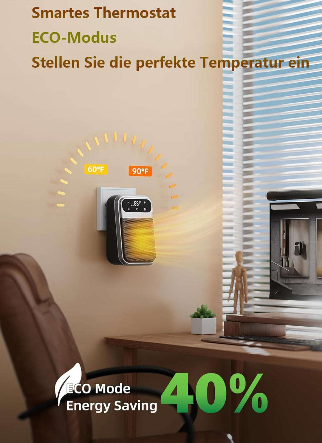 Steckdosen Heizlüfter mit Fernbedienung,Mini Keramik Heizlüfter Bad Energiesparend Leise Heizung1200