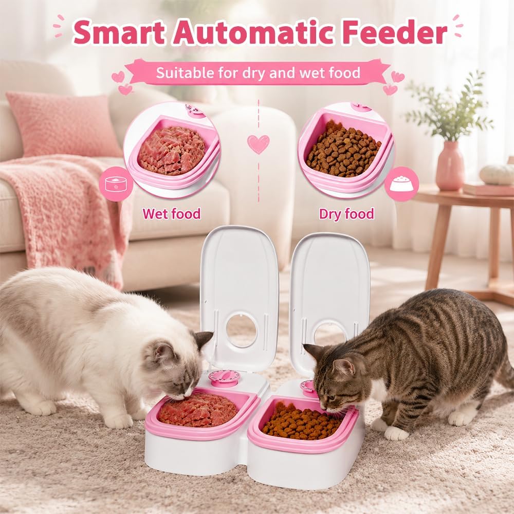 Futterautomat Katze, 2 Näpfe 700ML Katzenfutter Automat mit 48 Stunden Timer, Abnehmbarer Futterauto