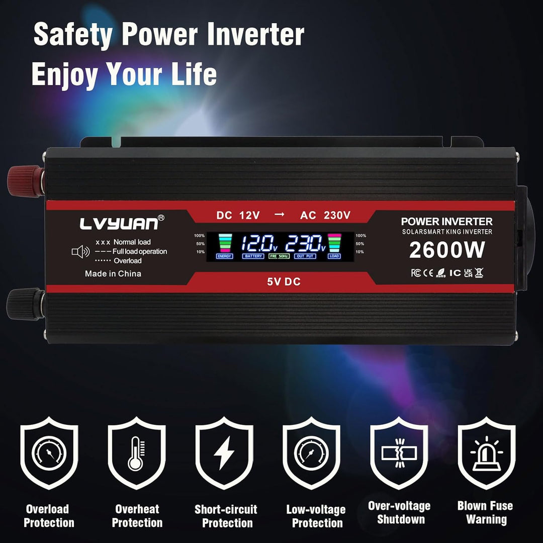 LVYUAN Wechselrichter DC 12V auf AC 230V 2600W Spannungswandler mit EU Steckdosen, 2 USB und LCD-Anz