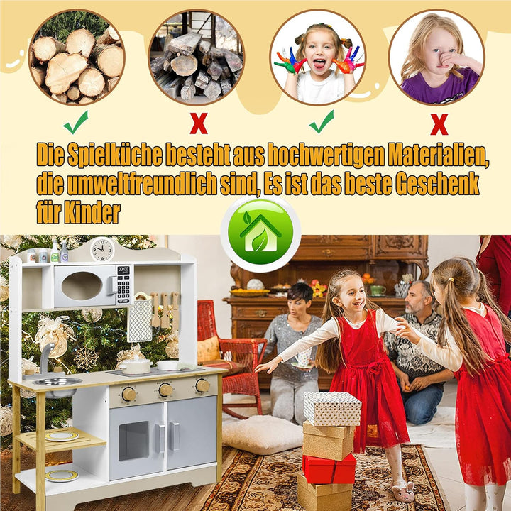 YRHome Kinderküche Holzküche Spielküche 68x26x78cm für Kinder Küchenzeile Zubehör Spielset mit 2 Koc