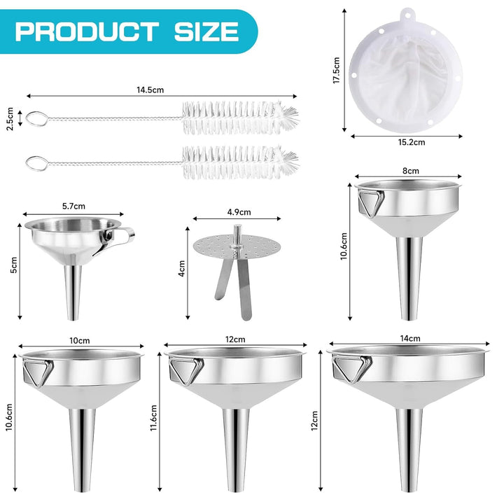 Gucass 9 Stk Edelstahl Trichter Set, Küche Trichter mit Griff, Marmeladentrichter mit Sieb, 200 Mesh