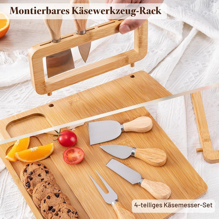 LATERN Bambus Käsebrett Set, 35CM x 27CM Holz Wurstplatte Käseplatte Cheese Charcuterie Board mit 4