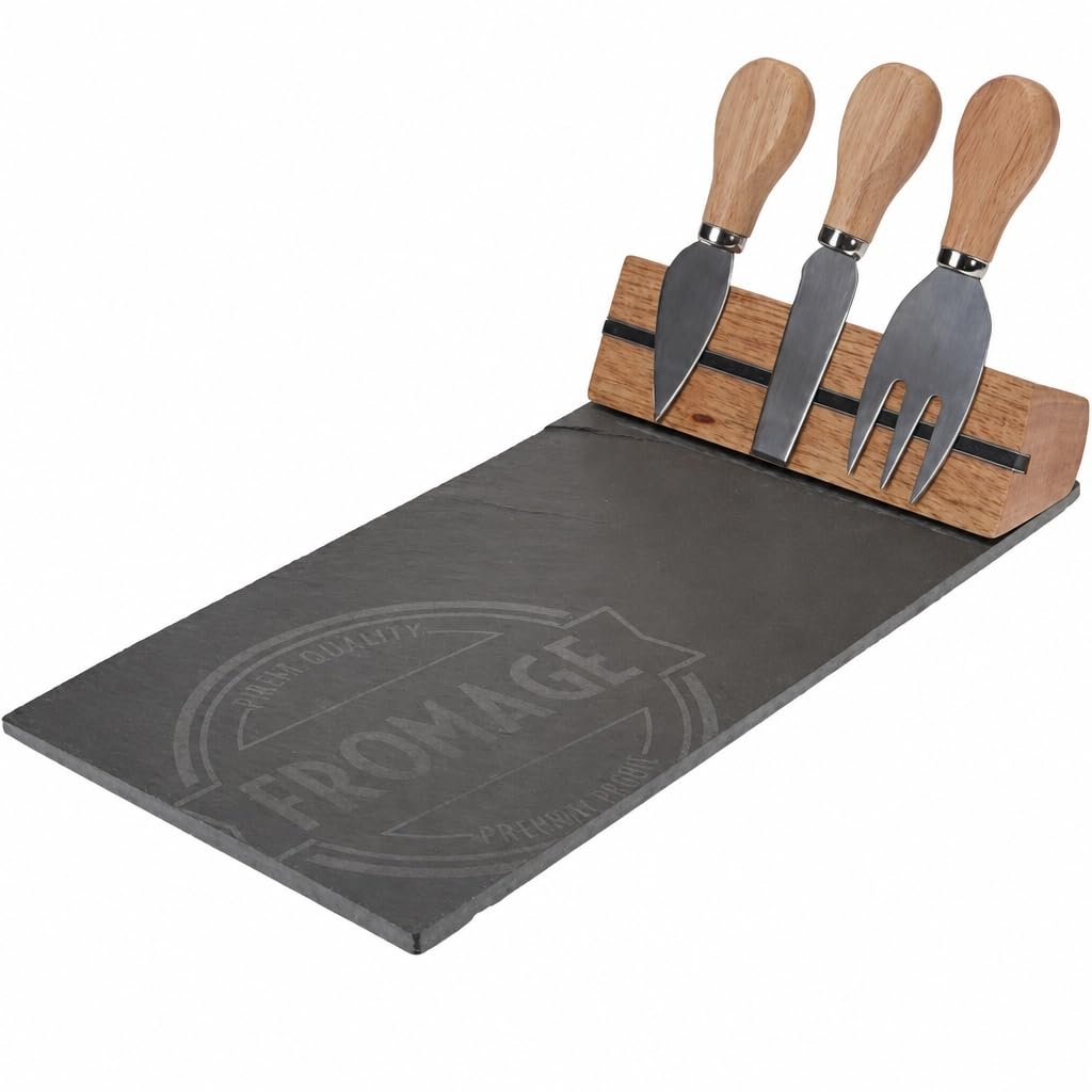 MIJOMA 4-TLG Set Holz-Käsebrett mit Käsemesser und Käsegabel, Käseplatte Käsebrettchen, 26 x 37 cm