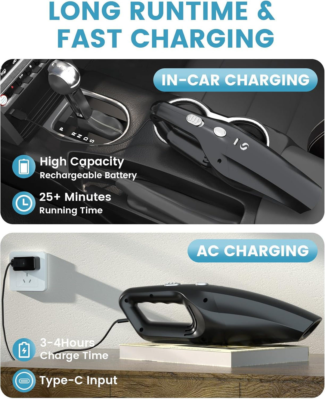 Handstaubsauger Akku kabellos, Auto Staubsauger Wiederaufladbar, Mini Staubsauger mit Waschbar HEPA-