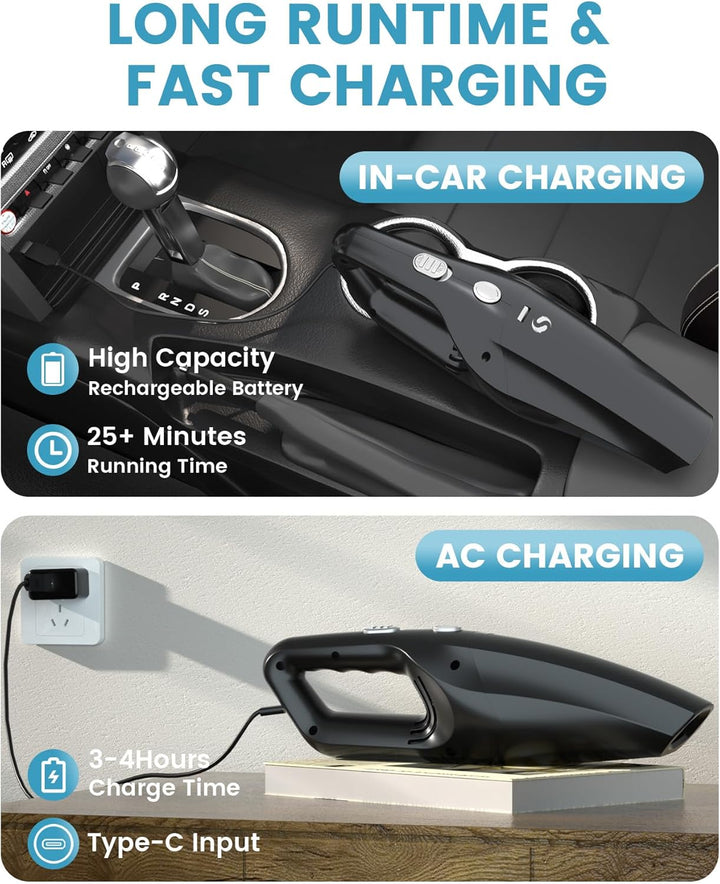 Handstaubsauger Akku kabellos, Auto Staubsauger Wiederaufladbar, Mini Staubsauger mit Waschbar HEPA-