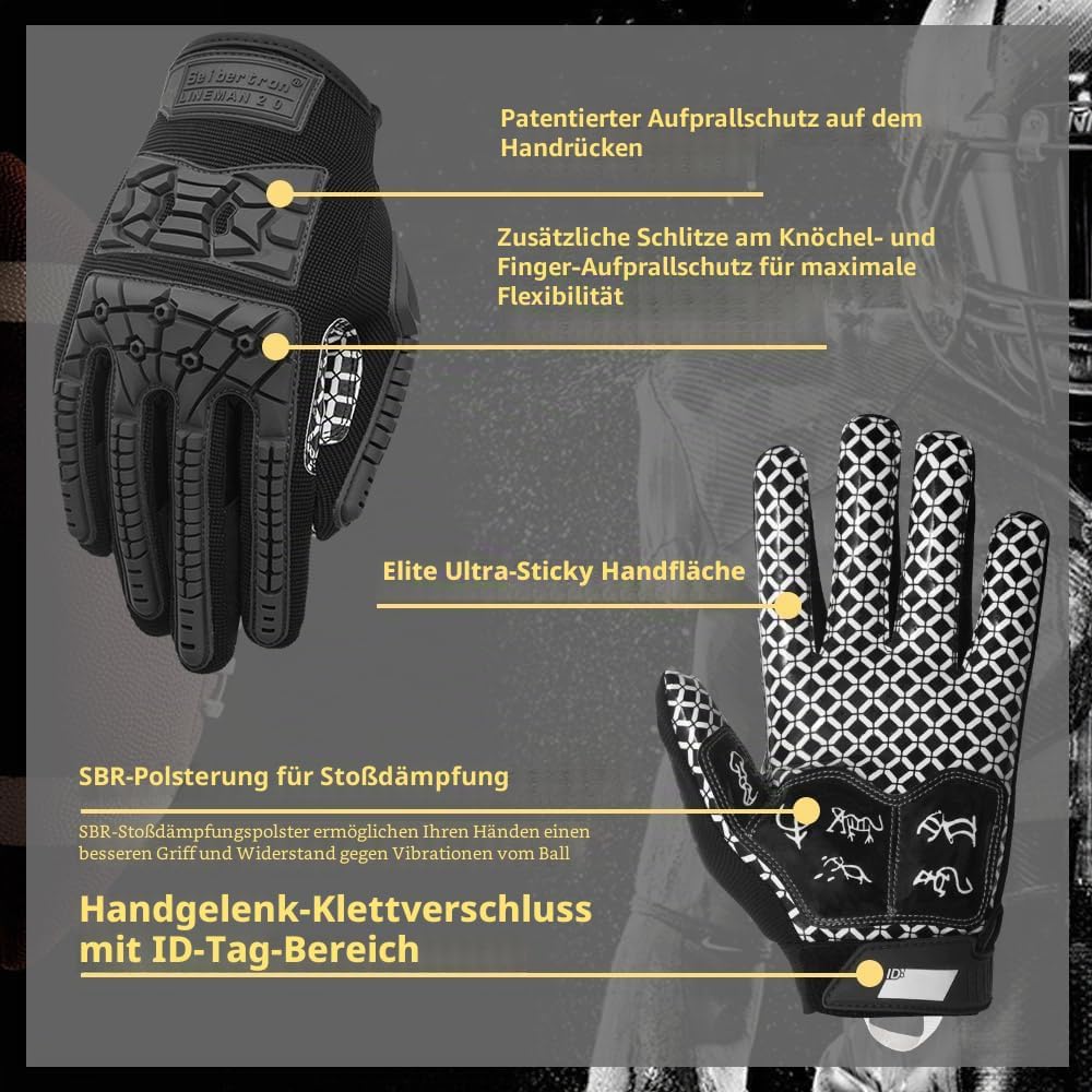 Seibertron Lineman 2.0 Padded Palm Football Receiver Gloves, Flexible TPR Impact Protection Back of