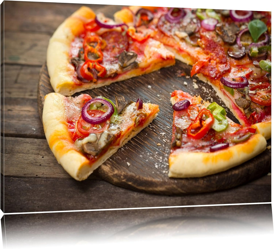 Leckere Pizza auf Holztisch Format: 100x70 auf Leinwand, XXL riesige Bilder fertig gerahmt mit Keilr