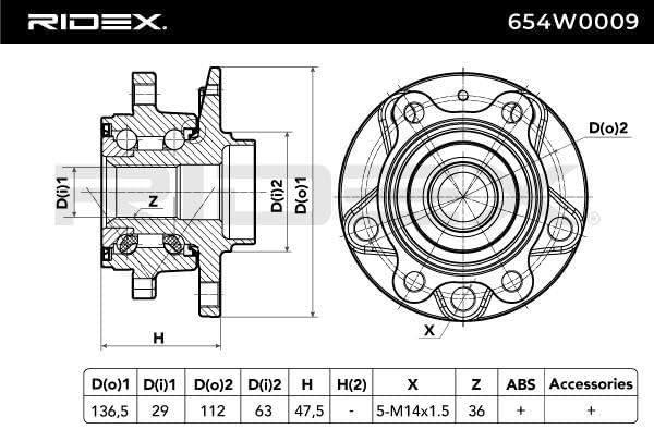 RIDEX Radlagersatz 654W0009 Golf V Schrägheck (1K1) TOURAN (1T1, 1T2) Cad 3,66kg