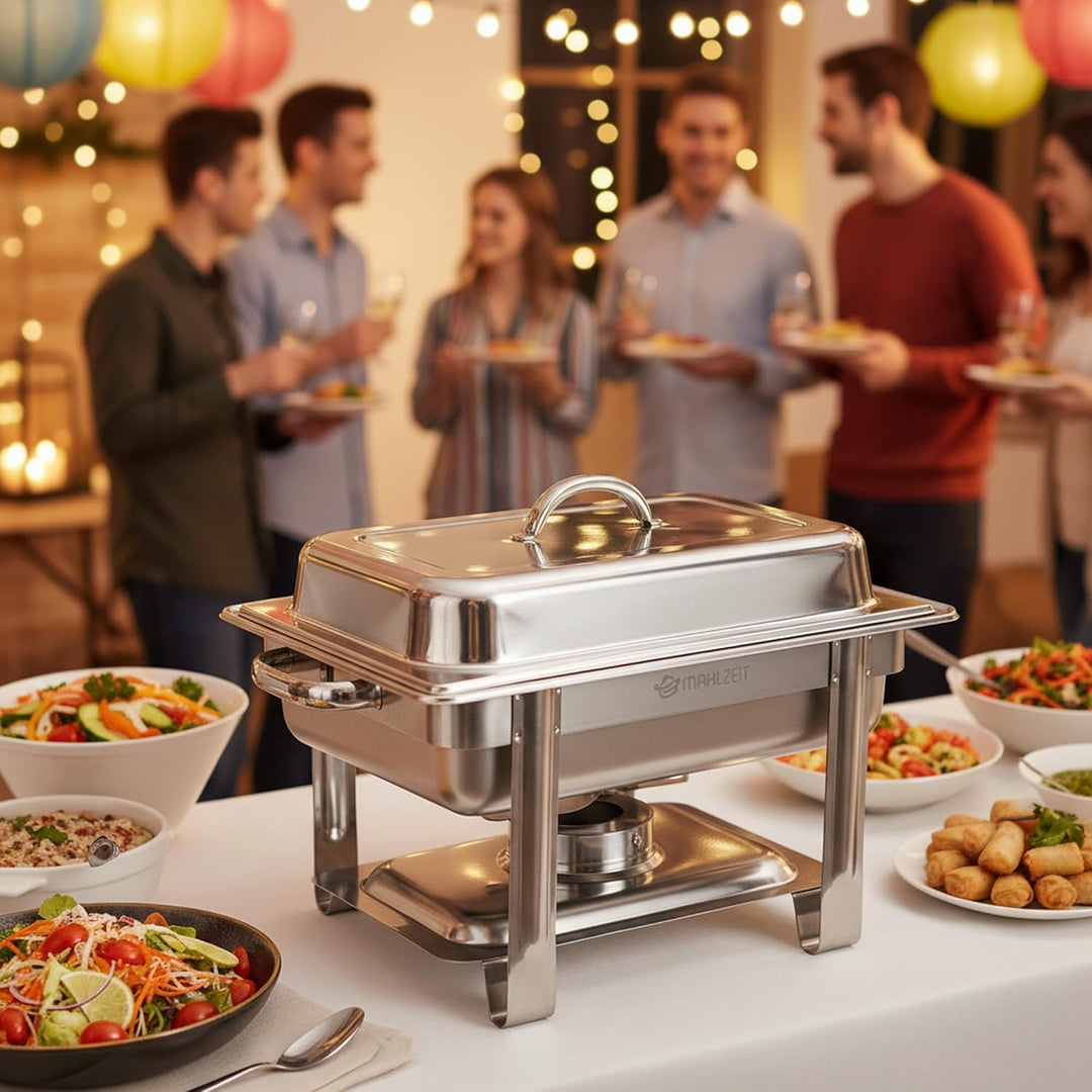 Mahlzeit Edelstahl Chafing Dish 4 Liter | Speisenwärmer mit Deckelhalter, Warmhaltebehälter Essen |