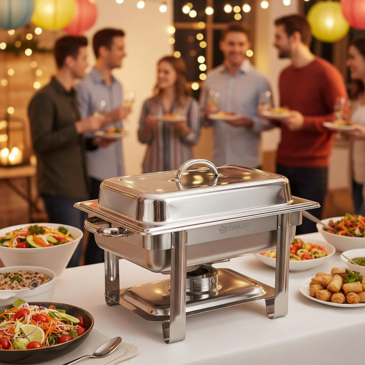Mahlzeit Edelstahl Chafing Dish 4 Liter | Speisenwärmer mit Deckelhalter, Warmhaltebehälter Essen |