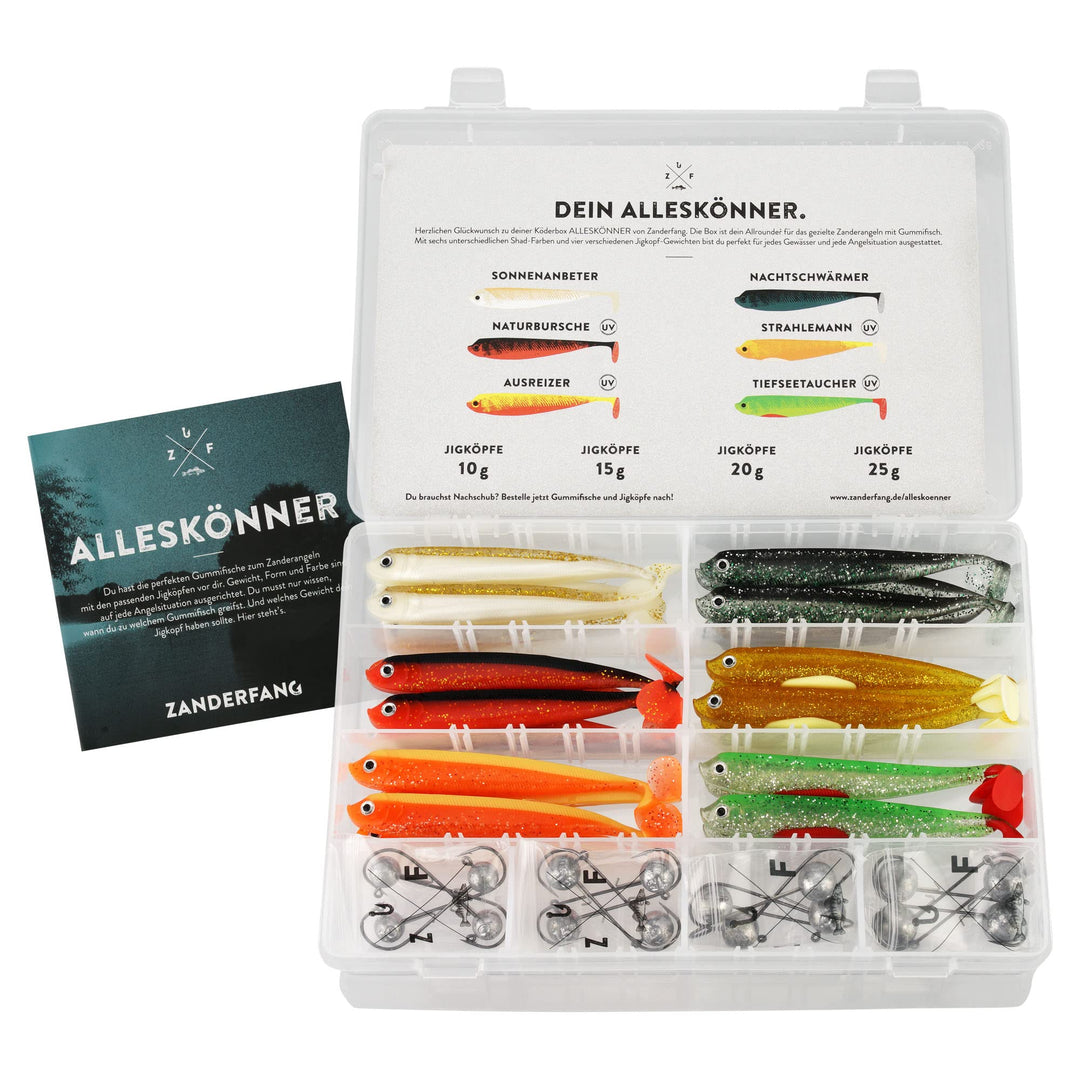Zanderfang 40 Teile Box Gummifische mit Jigköpfen zum Zanderangeln mit Gummifisch - 24 Gummifische: