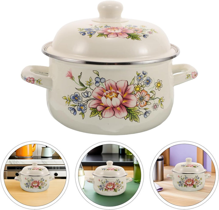 ULTECHNOVO Emaille Suppentopf 2 Liter mit Deckel 18cm Vintage Blumentopf aus Emaille Kleiner Kochtop