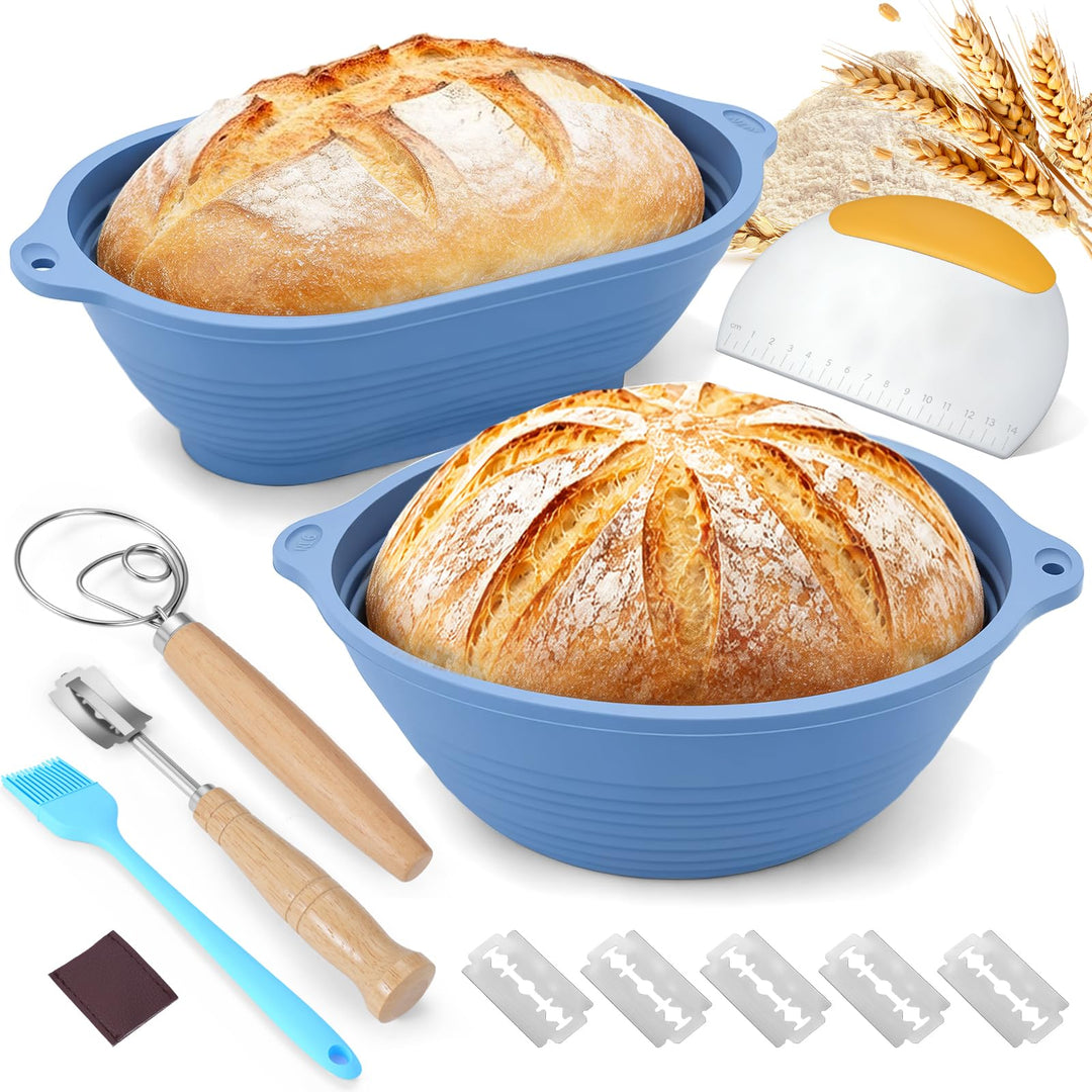 RUIZHI Brot Gärkorb Silikon, 29 cm Gärkorb Oval und 23 cm Gärkorb Brot Rund, Silikon Klappbare Gärkö