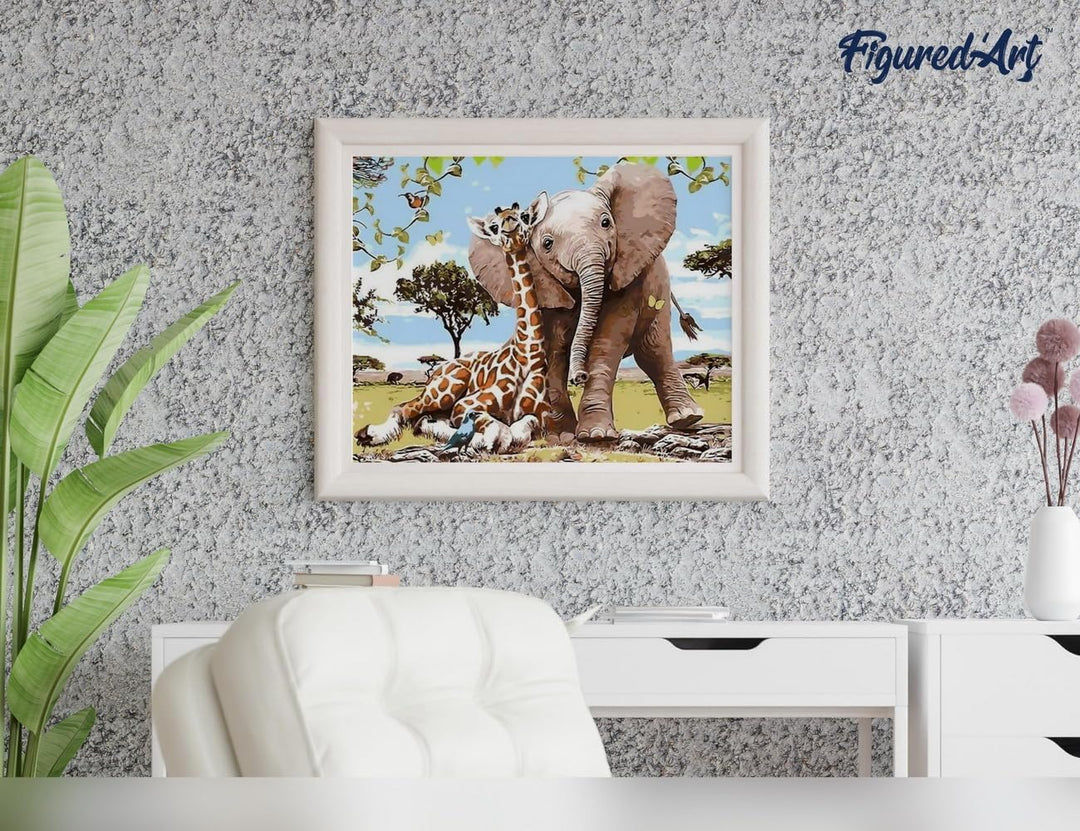 Figured'Art Malen Nach Zahlen Erwachsene Mit Rahmen Elefant und Giraffe - Paint by Numbers Basteln D