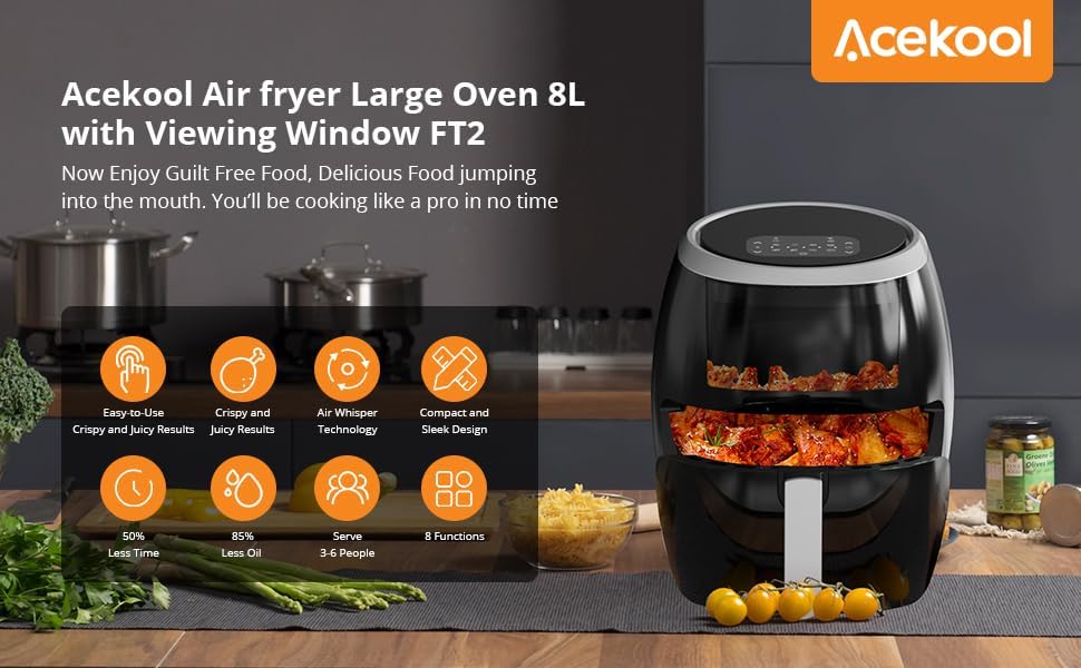 Heissluftfritteuse XXL, 8L Fassungsvermögen - 1800W Leistung - Ölfreies Frittieren mit 8 Programmen,