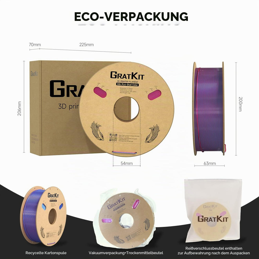 GratKit Dual Zweifarbig Seide PLA Filament 1.75mm, -0.03mm, Coextrusion PLA Filament, 3D Drucker Fil