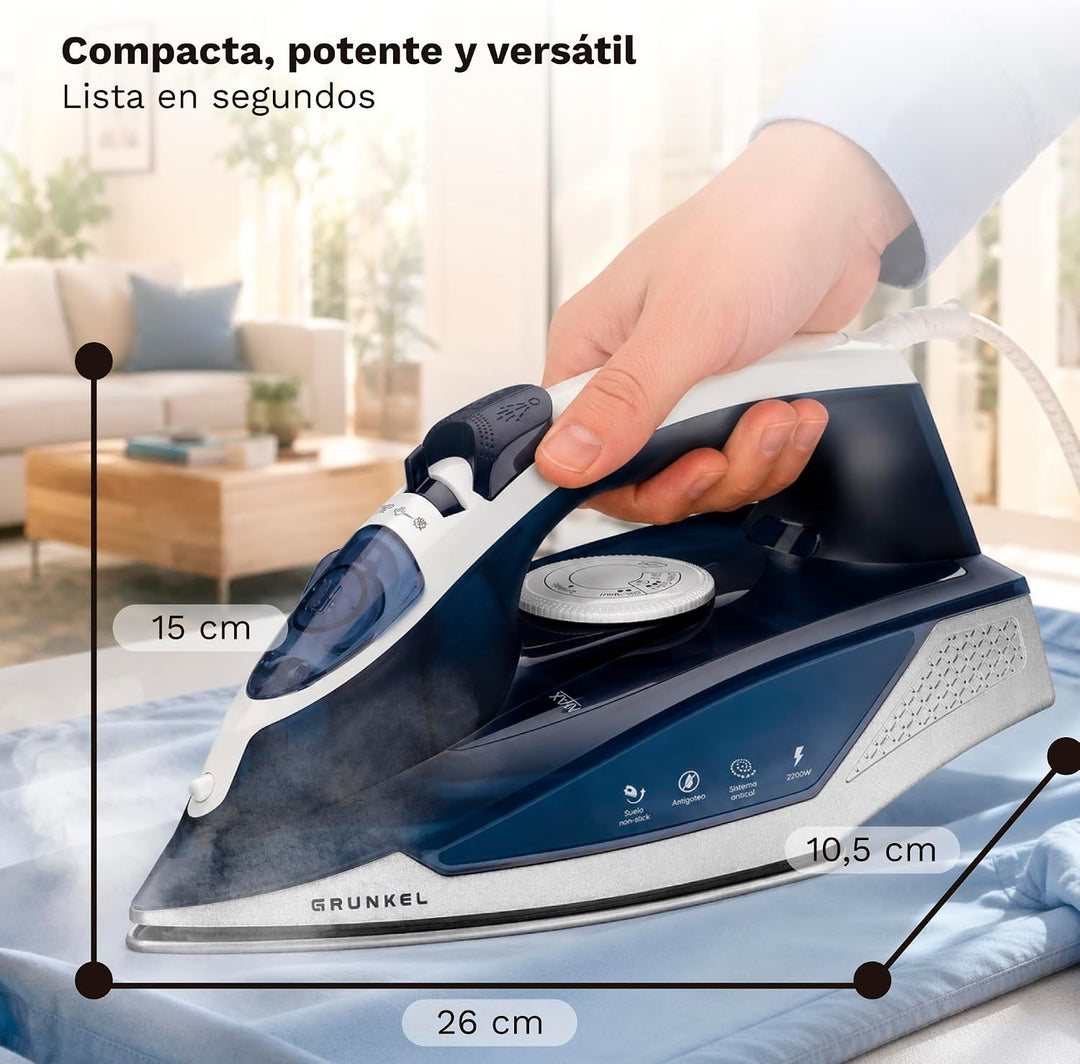 Grunkel - 2200-Watt Dampfbügeleisen mit rutschfester Antihaftsohle — PL-22NS — 3 Betriebsarten, Trop