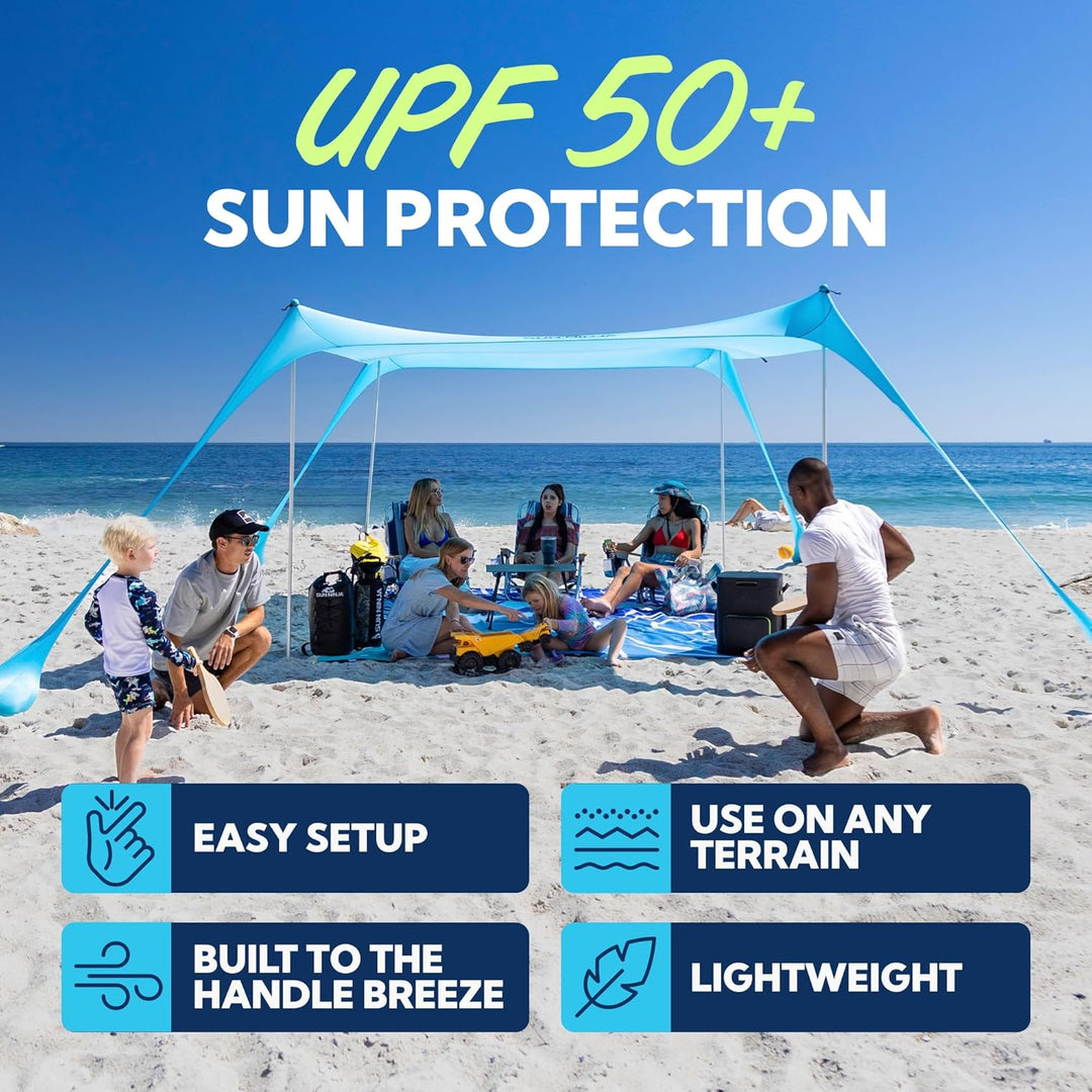 SUN NINJA Strandzelt, Sonnensegel LSF 50+, mit Sandschaufel, Heringen und Stabilitätsstangen, Schatt
