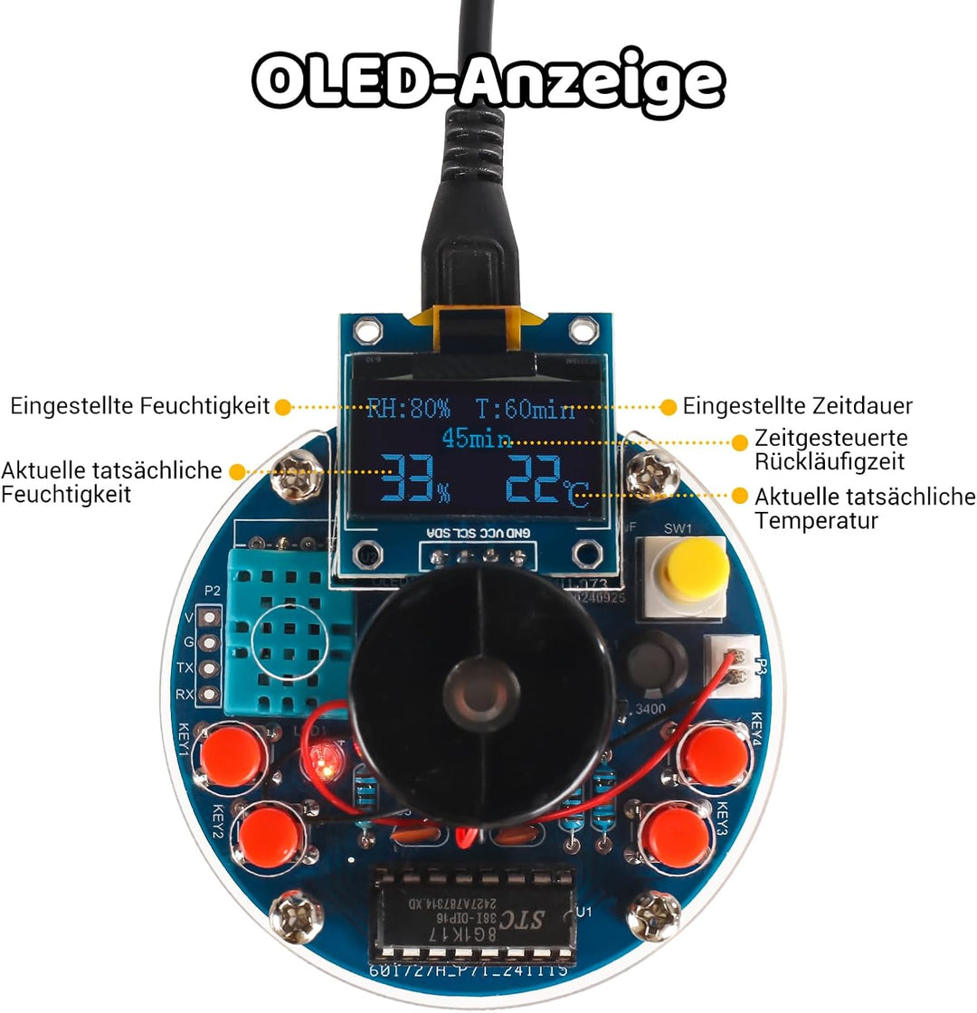 DIY Luftbefeuchter Lötbausatz mit OLED Display – Temperatur- & Luftfeuchtigkeitsanzeige, Timer & Zie