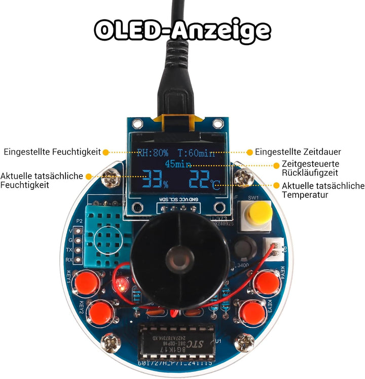 DIY Luftbefeuchter Lötbausatz mit OLED Display – Temperatur- & Luftfeuchtigkeitsanzeige, Timer & Zie
