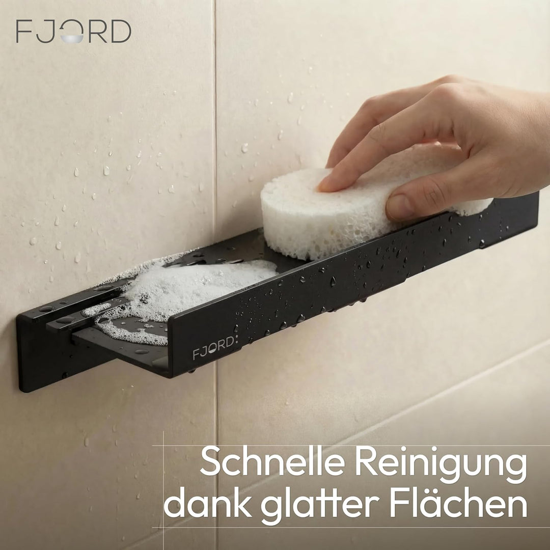 FJORD Flow Premium Duschablage ohne Bohren [Matt Schwarz] – Design Duschregal mit integriertem Rasie